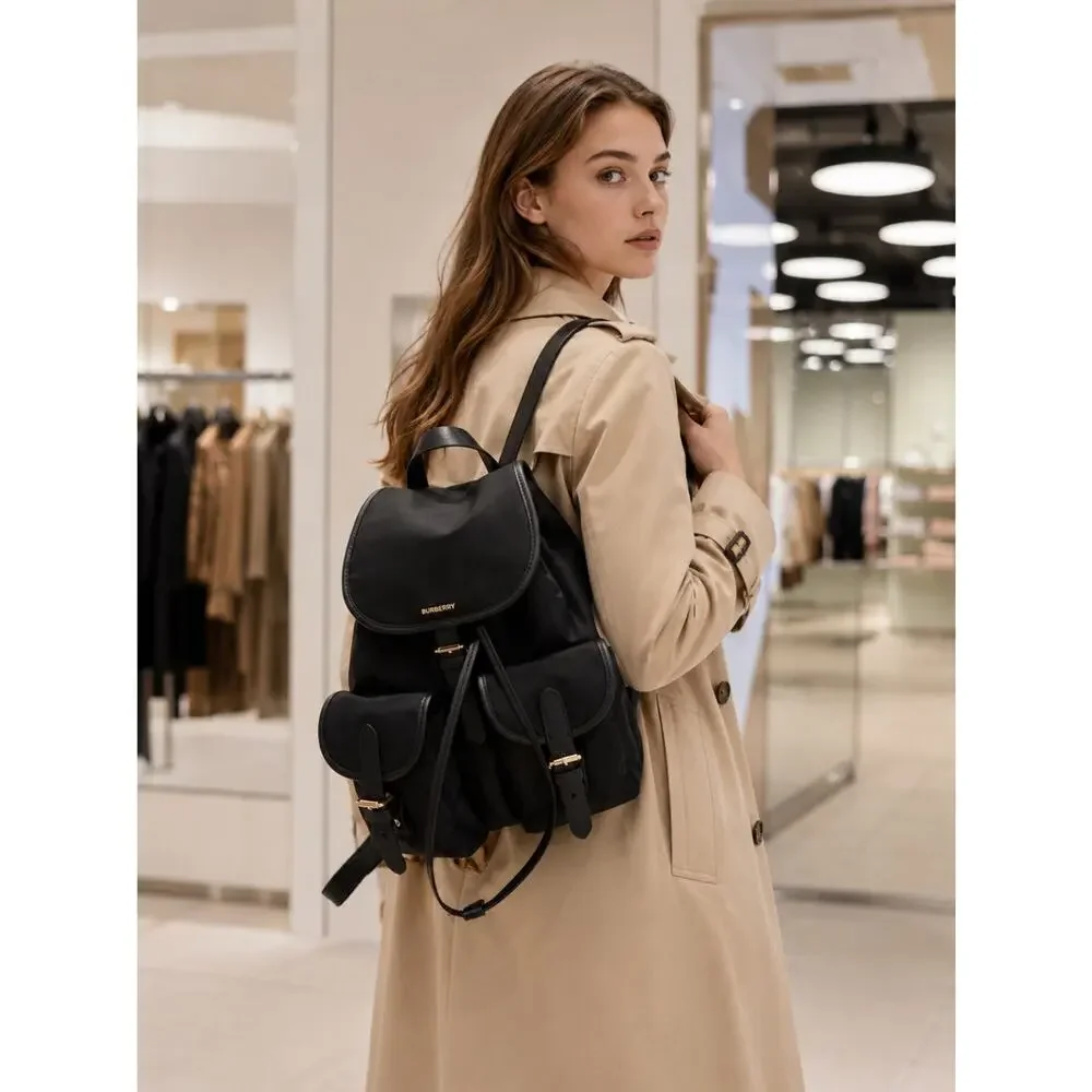 Burberry Black Nylon & Leather Backpack with check print